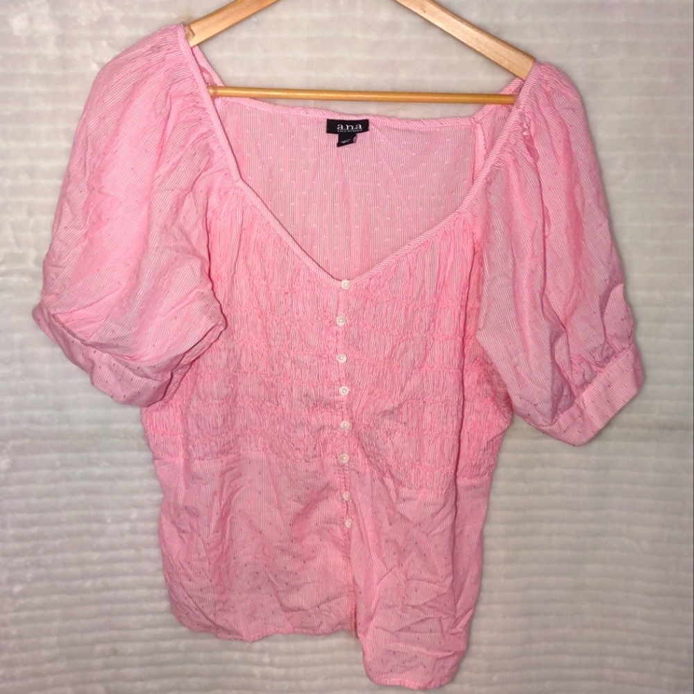 a.n.a Pink Puff Sleeve Button Front Blouse